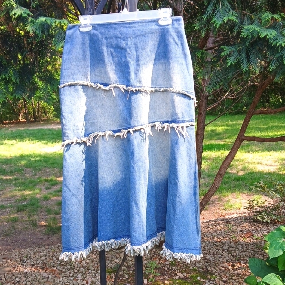 Distressed Long  Denim Fringe Skirt Size M